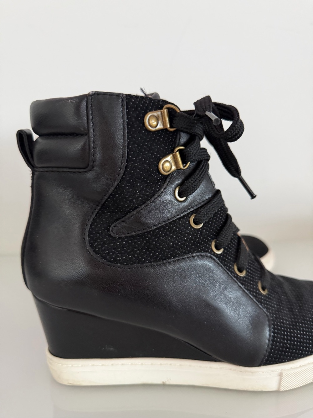 Paolo Black Lace-Up Wedge Boot with Gold Accents